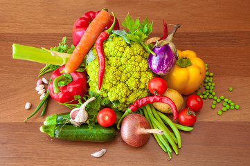 Fresh vegetables on wooden table