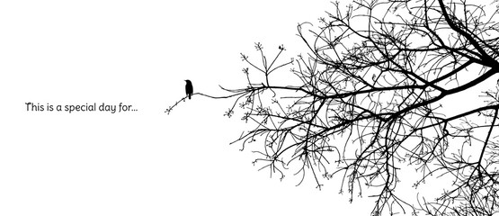 Lonely bird stands on a branch of a naked tree silhouette in black and white vector format with a caption