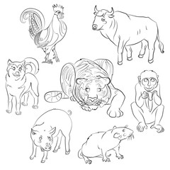 rooster, dog, pig, rat, monkey, tiger and ox