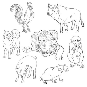 rooster, dog, pig, rat, monkey, tiger and ox