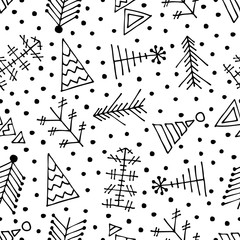 Seamless vector pattern with christmas tree and snowflakes. Black and white winter background with decorative hand drawn fir tree. Graphic illustration. Series of winter seamless vector patterns.