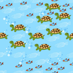 Sea pattern with fish on a blue background. Green turtle. 