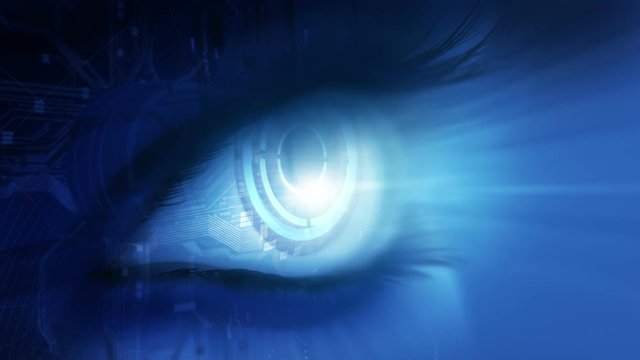 Eye of robot with camera and rays.