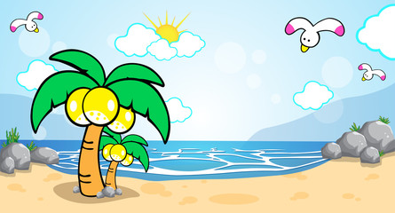 Fototapeta na wymiar Sea landscape, bird, cloud, palms, coconut tree, sun on a beach in summer vacation. Background Vector illustration