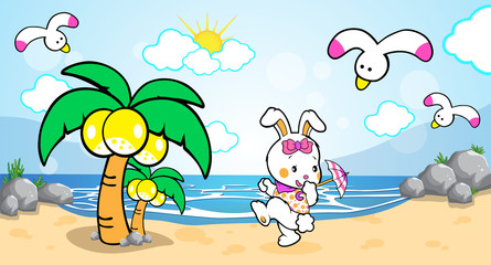 Fototapeta na wymiar Cute bunny rabbit with umbrella playing at beach. Coconut tree, bird, stone, cloud cartoon animal flat vector illustration.