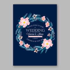 Romantic pink peony bouquet bride wedding invitation template design. Winter Christmas wreath of pink flowers and pine and fir branches.