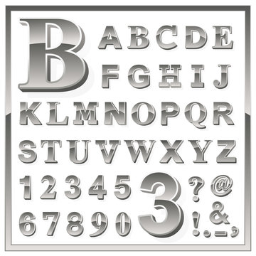 Greyscale metallic numerals and alphabet letters