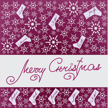 CHRISTMAS. Snowflakes and socks.Design a festive banner, poster, greeting card on a purple-pink background.