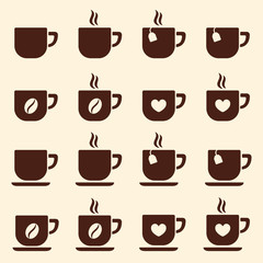 cup of coffee tea hot drink brown vector icons set on white back
