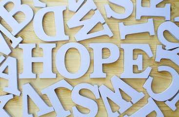 wood letters with the word "hope"