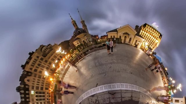Little Tiny Planet 360 Degree, Postal Square People Kiev Sights Colorful Fountains at Dusk Illuminated Old Buildings Cloudscape Tour to Ukraine Cityscape