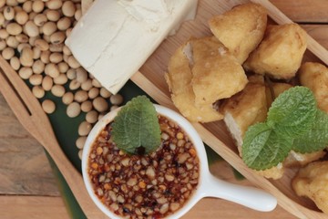 Fried tofu, chinese vegetarian food with sauce.