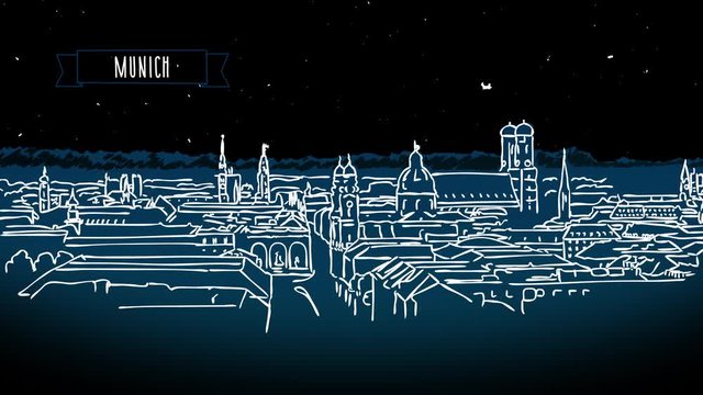Munich Skyline by Night with Firework Intro Animation, Motion Design Footage - Festive Events Jingle or Trailer