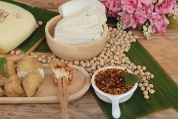 Fried tofu, chinese vegetarian food with sauce.