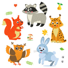 Fototapeta premium Cartoon Baby Animals Pack. Cute Vector Set: Lynx, Squirrel, Raccoon, Rabbit, Owl. Baby Animals Cute. Baby Animals Playing. Baby Animals Compilation. Baby Animals For Sale. Animals Stickers.