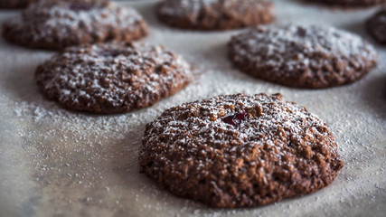 chocolate cookies on a pan close-up. Horizontal, selective focuse