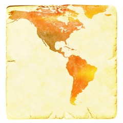 World map in red and yellow tones. USA and Latin America. Ancient paper background. Basic world map courtesy NASA.