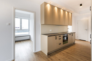 Empty room with domestic kitchen