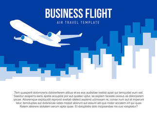 Poster vector template with plane taking off and city skyline. Banner for air travel, delivery or logistic company. Flat style illustration with place for title, slogan and text.