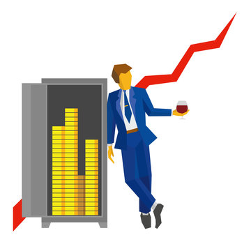 recommend clip art: Businessman with wineglass in hand stands near the open safe with money. Growing chart at the back. Success concept - strategy, increase sales. Simple flat vector clip art on white background.