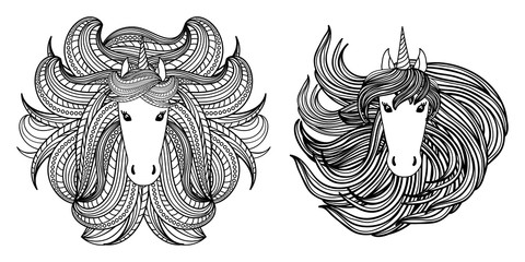 Obraz premium Adult coloring book page with unicorn, wave style mane. Hand drawn vector Illustration for kid textile, card, pin, t-shirt print design. Fashion trend. Fairy tale, magic.