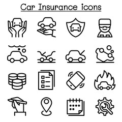 Car insurance icon set in thin line style