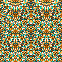 Seamless pattern with symmetrical mandalas. Ethnic texture in