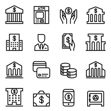 Bank icon set in thin line style