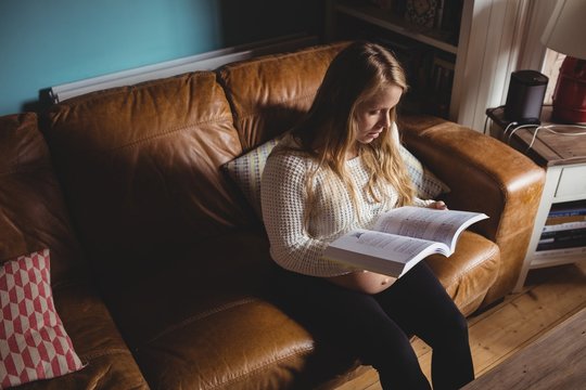 Pregnant woman reading book in living room