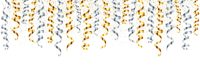 Vector silver and gold serpentine with metallic dust confetti on white background