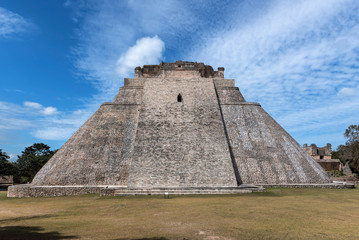 Fototapeta na wymiar Front stairway of the pyramid of the Magician, Uxmal, Mexico