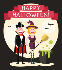 Couple Dress Up in Halloween. Isolated Flat Vector Illustration on White Background.
