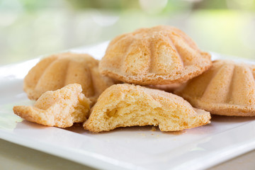 Egg cake, delicious dessert in white dish on tile table in the garden / Adjust blurred and Selective focus for background