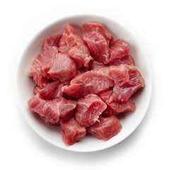 bowl of raw diced beef meat, from above