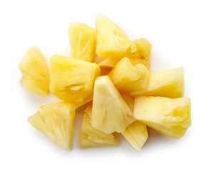 Canned pineapple chunks isolated on white, from above