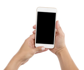 Isolated female hand holding a phone with black screen.