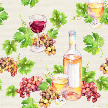 Seamless pattern. Wine glass, bottle, vine leaves, grape berries. Watercolor