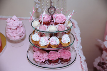 Obraz na płótnie Canvas Wedding cake. Candy bar marshmallow on the table in a vase, macaroon, and cupcake, decor vanilla, handmade sweets