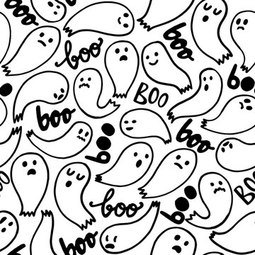 Halloween background. Seamless pattern of cute cartoon ghosts