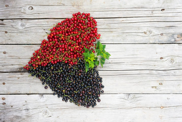 Black currants and red currants in heart shape on wood table