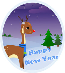 Greeting card with winter landscape, trees and deer. Happy New Year.