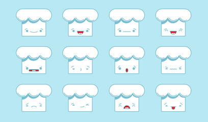 Set of vector kawaii chief cap emoticons. Isolated on light blue background.