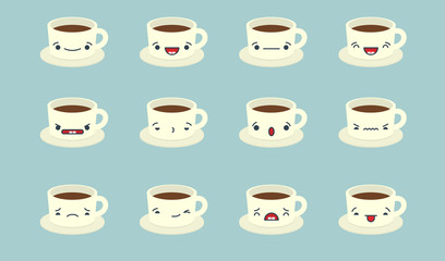Set of vector kawaii cup emoticons. Isolated on pale blue background.