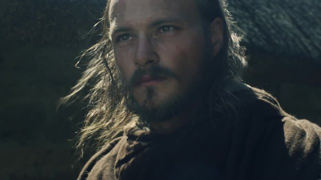 Portrait of Medieval Male Warrior. Medieval Reenactment. Shot on RED Cinema Camera.