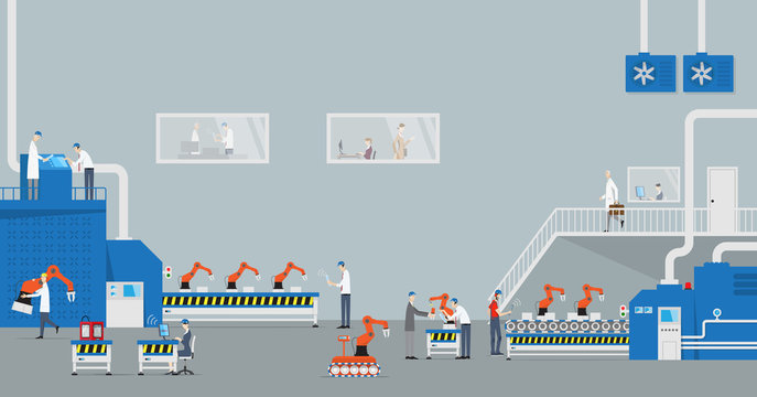 Industry 4.0 Concept. Front view of industrial production line with automated robots.