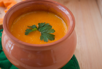 Vegetarian cream soup from a pumpkin with toasts