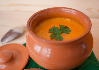 Vegetarian cream soup from a pumpkin with toasts