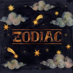 Rugzak -Zodiac- writing on a night sky background.  Watercolor Illustration. © nataliahubbert