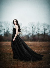 Beautiful sad goth girl stands in autumnal field. Grunge texture