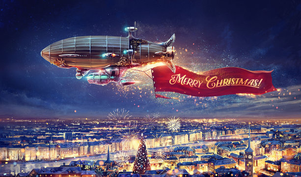 Fantastic airship over the city with a congratulatory, celebratory banner. Raster illustration.